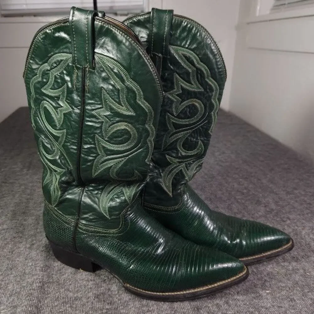Men’s Vintage Botas Bandido Exotic Green Teju Lizard Western Cowboy Boots 8-8.5D